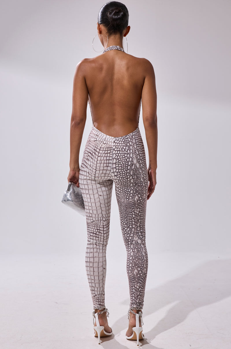 ON THE MOVE CROC PRINT JUMPSUIT