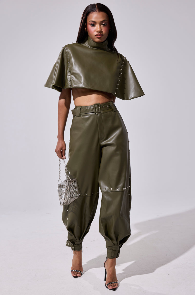 STUDDED FAUX LEATHER BELTED PANT