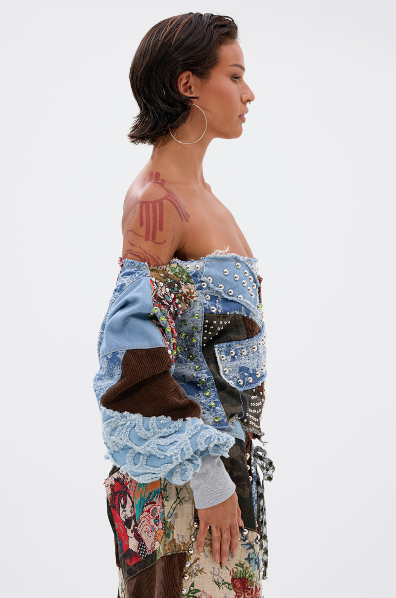 CALL ME CRAZY PATCHWORK OFF THE SHOULDER SWEATSHIRT