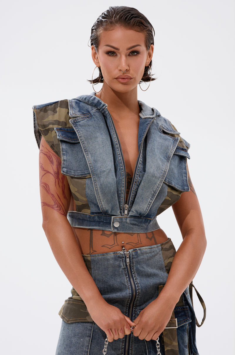 DOWN AND DIRTY DENIM HOODED VEST
