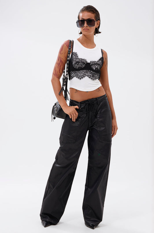 DONT GIVE UP COATED WIDE LEG DENIM WITH GROMMET